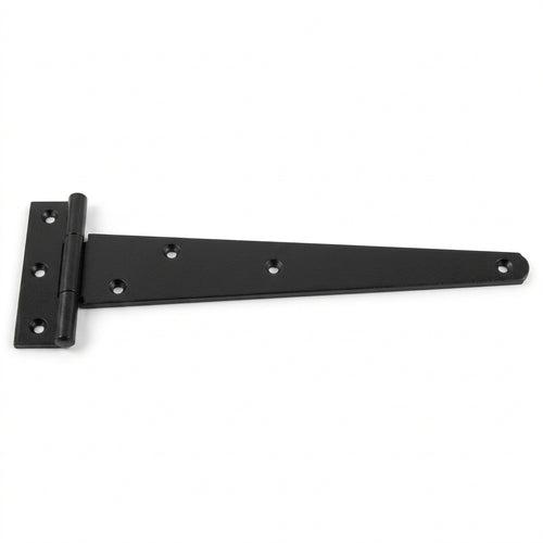 A black metal barn door hinge with a long triangular arm and a square mounting plate, shown against a plain white background.